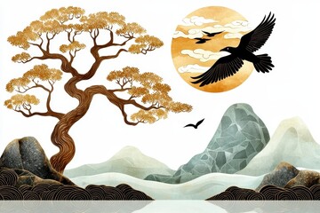 Serene Bonsai Tree and Crow Landscape Painting with Golden Sun