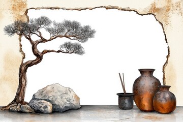 Serene Bonsai Tree and Pottery Illustration with Textured Beige Background