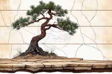 Serene Bonsai Tree on Rustic Wooden Base Against Beige Textured Background