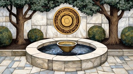 Serene Courtyard Garden with Circular Stone Fountain and Golden Medallion