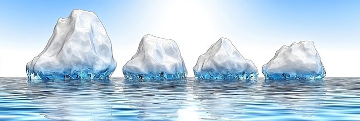 Serene Icebergs Reflect on Calm Water Under Pale Blue Sky Landscape