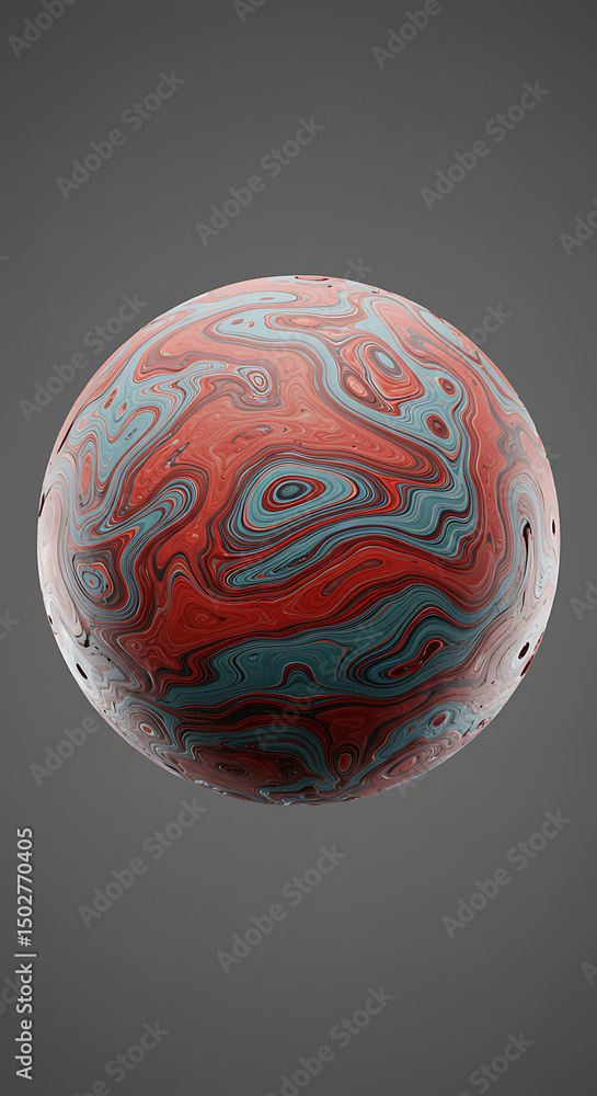 Poster abstract red and teal swirled sphere 3d render digital art geometric pattern orb