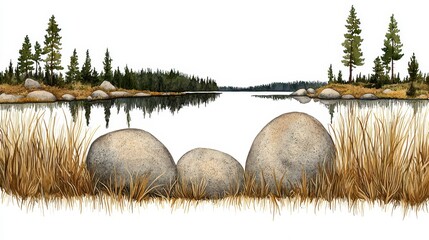 Serene Landscape Painting Three Gray Stones by Golden Grass and Calm Lake