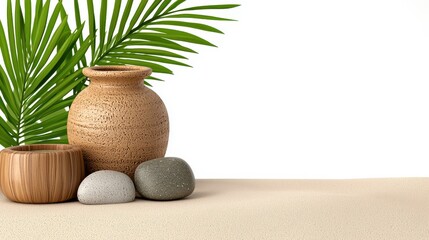 Serene Minimalist Beach Still Life Wooden Bowls, Textured Vase, and Stones on Sand