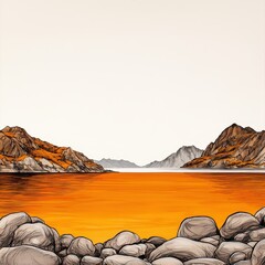 Serene Orange Sunset Landscape with Dark Rocks and Mountains