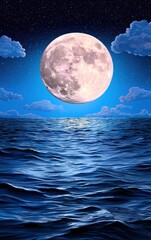 Serene Night Seascape Pale Pink Full Moon over Dark Blue Ocean
