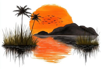 Serene Orange Sunset Over Calm Water With Palm Trees