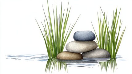 Serene Stacked Stones by Water with Green Reeds