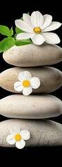 Serene Stack of Gray Stones Adorned with White Flowers and Green Leaves