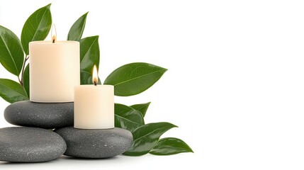 Serene Still Life Lit Candles and Green Leaves on Gray Stones