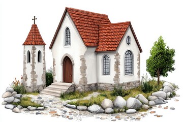 Serene Stone Chapel with Red Tile Roof in a Picturesque Setting