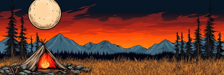Serene Sunset Campfire Scene Pixel Art Landscape