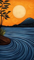 Serene Sunset Landscape Painting Calm Lake with Swirling Water, Island, and Orange Sky