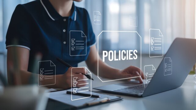 Compliance and Regulations Concept: Person Reviewing Company Policies Online