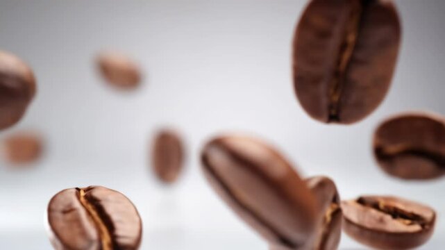 Roasted coffee beans float in mid air against a bright inviting gray backdrop