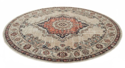 Vintage round rug with beige background and intricate designs