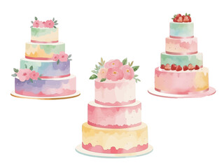 Cake wedding pink cream watercolor hand drawn vector drawing painting birthday