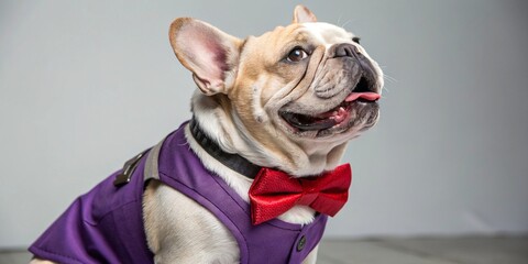 Cute French bulldog puppy wearing a red hat or a red bow tie on a white background
