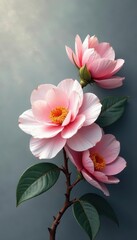 Delicate camellia blossoms & rich oil, grey backdrop, style, high resolution