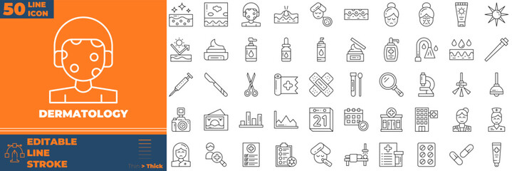 Dermatology Line Editable Icons set. Vector illustration in modern thin line style of dermatology icons: Moisture cream, acid, anti wrinkle serum, etc