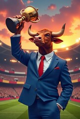 An anthropomorphic bull in a navy suit with a red tie, raising a championship trophy, surrounded by a cheering crowd in a stadium under a vibrant sunset