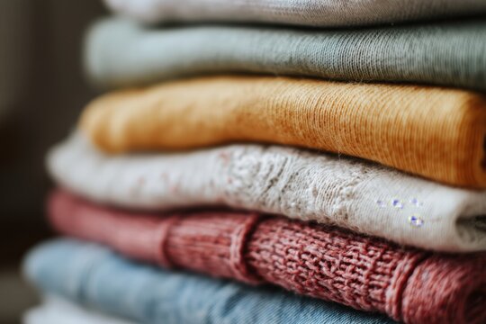 Stack of colorful folded clothes close up. Warm knitted sweaters organized. Cozy lifestyle concept for laundry and textile design.