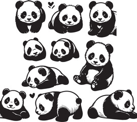 Cute Panda Bear Silhouettes for Various Designs | Four adorable black and white cartoon panda bear illustrations.