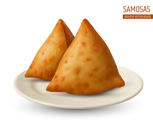 Realistic vector illustration of crispy golden samosas served on a white plate. Traditional Indian snack design. Samosa, Indian food, vector, realistic, snack, fried, golden, appetizer, street food