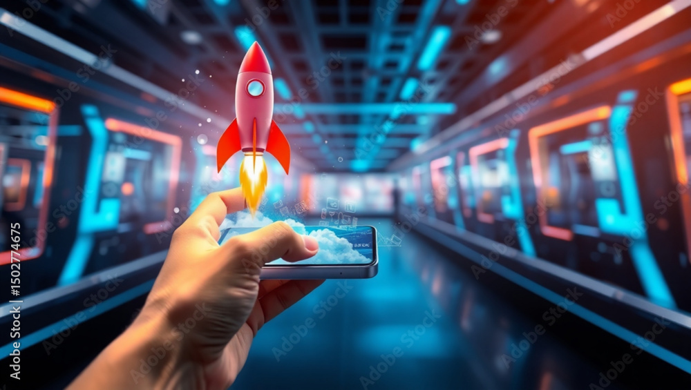 Poster hand holding phone with rocket launching upwards in a futuristic looking tech environment design cre