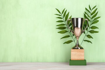 Silver Trophy with Green Leaves on Wooden Base Against Light Green Background