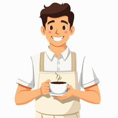 Flat vector illustration of a youthful male barista smiling and holding a cup of coffee