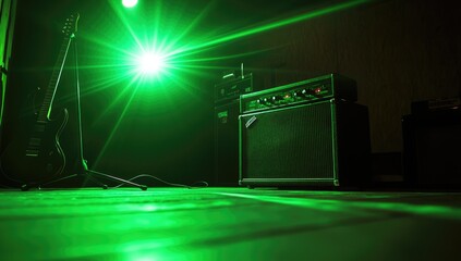 Stage setup with guitars and amplifier, bathed in green light