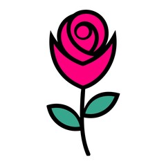 A simple rose icon with a curved stem and two leaves vector on white background
