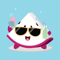 Fresh And Happy Cartoon Dragon Fruit Slice Character Illustration With Ice Cream And A Bottle Of Juice