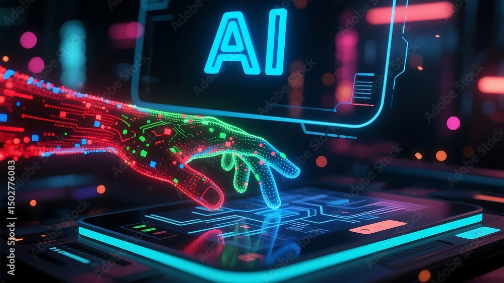 Aufkleber futuristic artificial intelligence interface with robotic hand and touchscreen