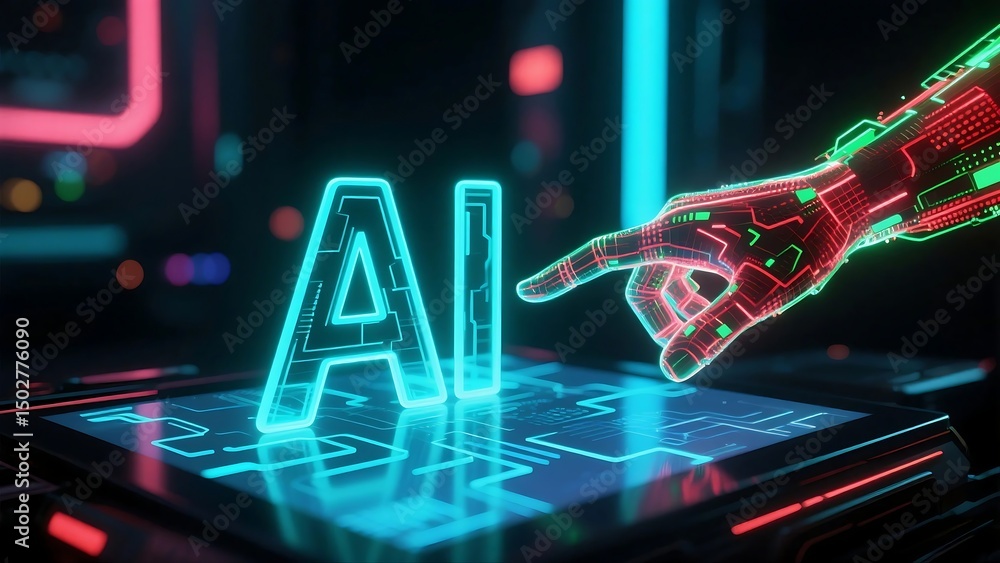 Poster futuristic artificial intelligence interface with robotic hand and touchscreen