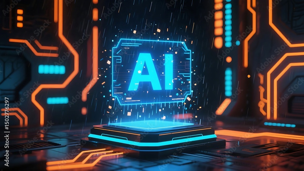 Poster futuristic artificial intelligence interface with robotic hand and touchscreen