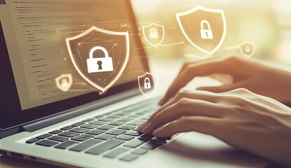 Person working on a laptop with security icons overlaid