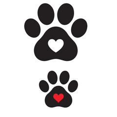 Pet paw editable stroke. footprints Pet paw, Heart with pet paw print dog cat icon, vector illustration.Paw Print line art silhouette.