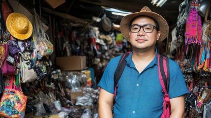 Smiling Traveler Amidst Vibrant Asian Market Goods