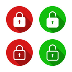 Lock and unlock padlock icon with long shadow. Security, privacy protection symbol