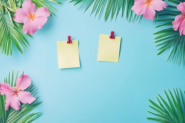 Two yellow sticky notes pinned to a light blue background surrounded by tropical green leaves and pink flowers, perfect for reminders