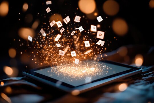 Tablet Displaying Floating Media Icons