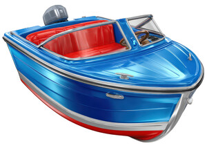 Naklejka premium Vibrant blue and red motorboat with sleek design, featuring shiny exterior and comfortable seating. This boat is perfect for leisurely outings on water, evoking sense of adventure and relaxation