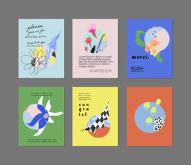 Set of creative floral art posters or cards. Hand Drawn textures. Wedding, anniversary, birthday, Valentin's day, party invitations, covers