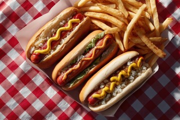 Delicious hot dogs and crispy fries on checkered picnic blanket,