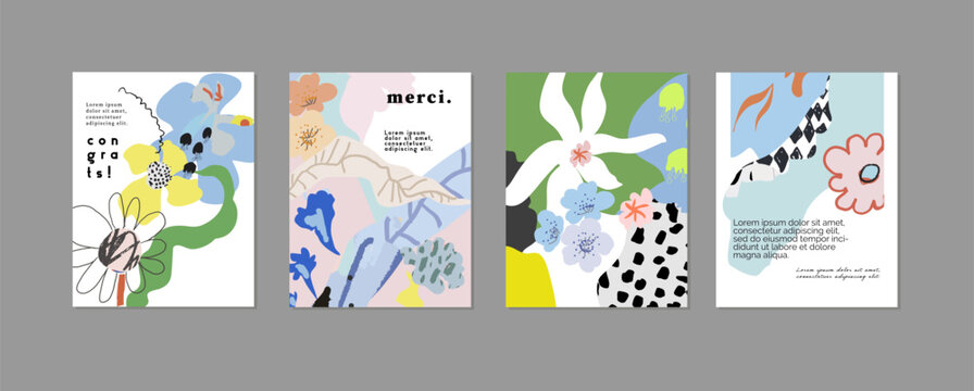 Set of creative floral art posters or cards. Hand Drawn textures. Wedding, anniversary, birthday, Valentin's day, party invitations, covers
