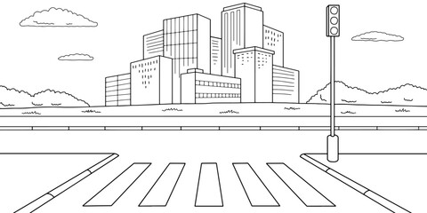 Crosswalk street road graphic black white city landscape sketch illustration vector 