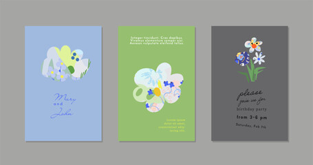 Set of creative floral art posters or cards. Hand Drawn textures. Wedding, anniversary, birthday, Valentin's day, party invitations, covers