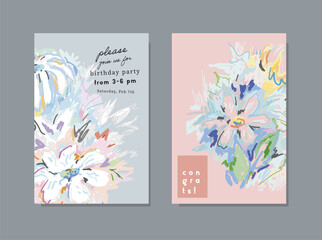 Set of creative floral art posters or cards. Hand Drawn textures. Wedding, anniversary, birthday, Valentin's day, party invitations, covers